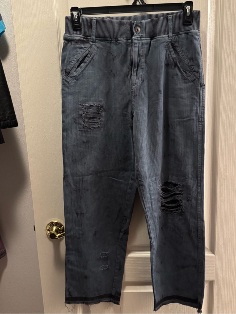 Free People Freddie Distressed Navy Elastic Waist Pants